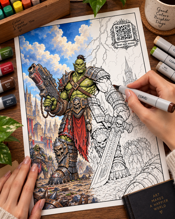 Colouring a printed sheet with markers at a desk