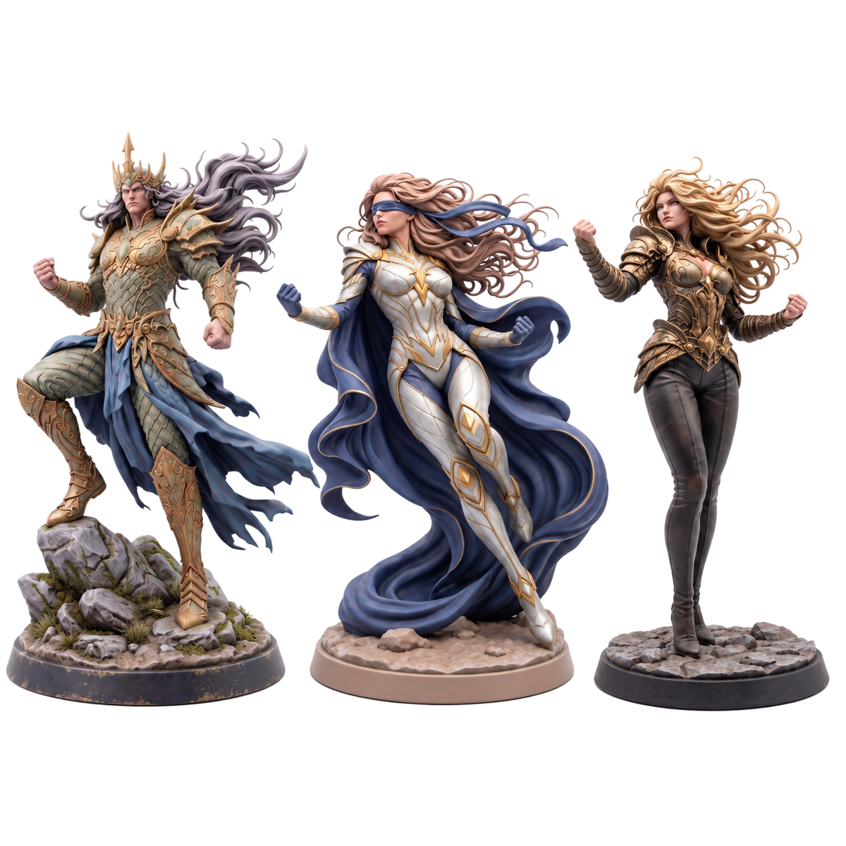 Astrals Tribute — Poseidon, Eva and Silke together. Painted references; miniatures supplied unpainted.