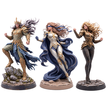 Astrals Tribute — Poseidon, Eva and Silke together. Painted references; miniatures supplied unpainted.