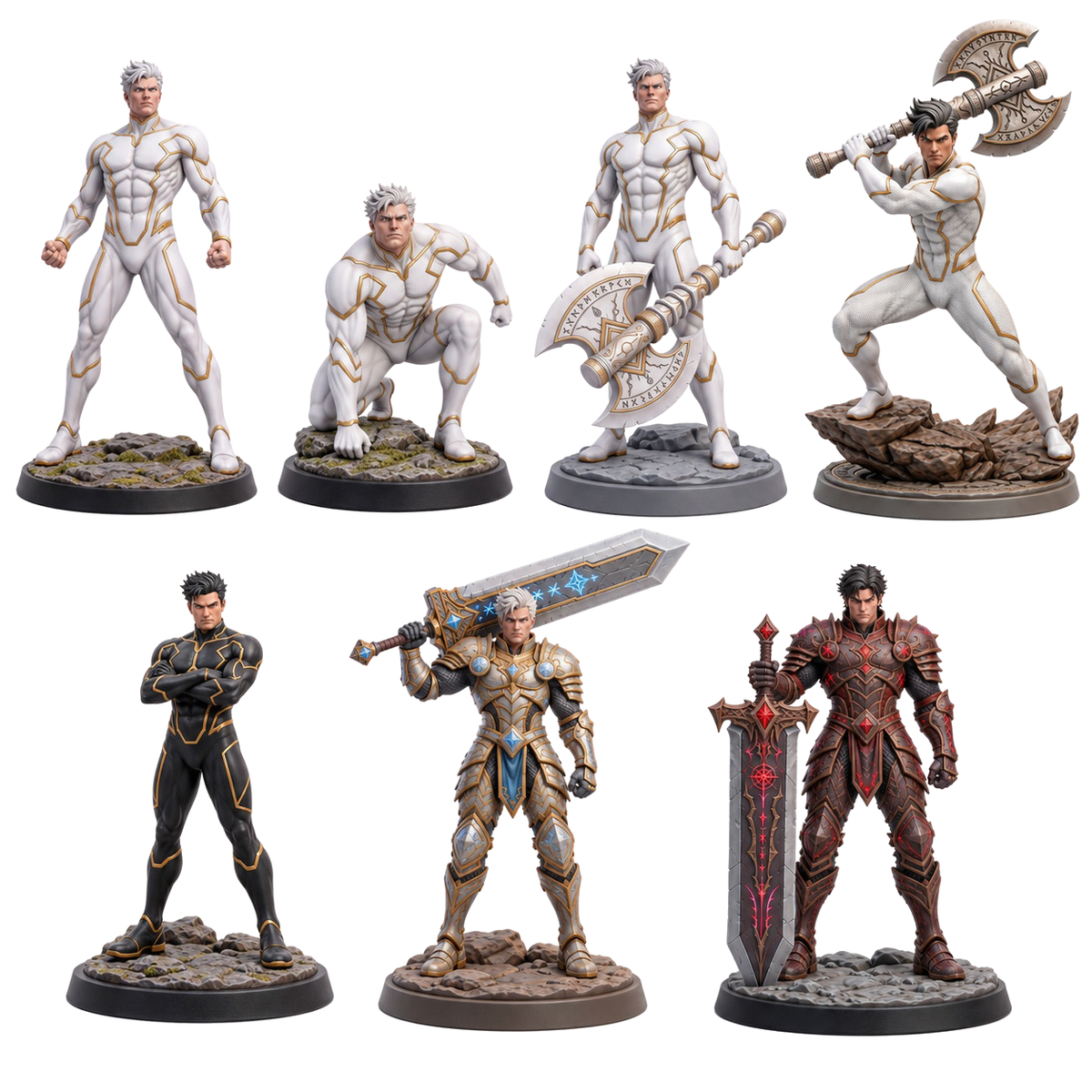 Complete bundle showing all included miniatures together. Painted references; supplied unpainted.
