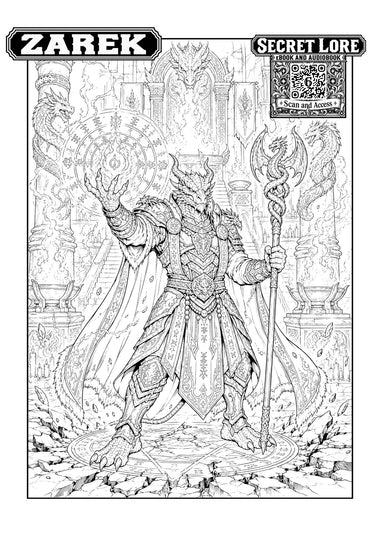 Zarek colouring sheet with its Secret Lore QR portal