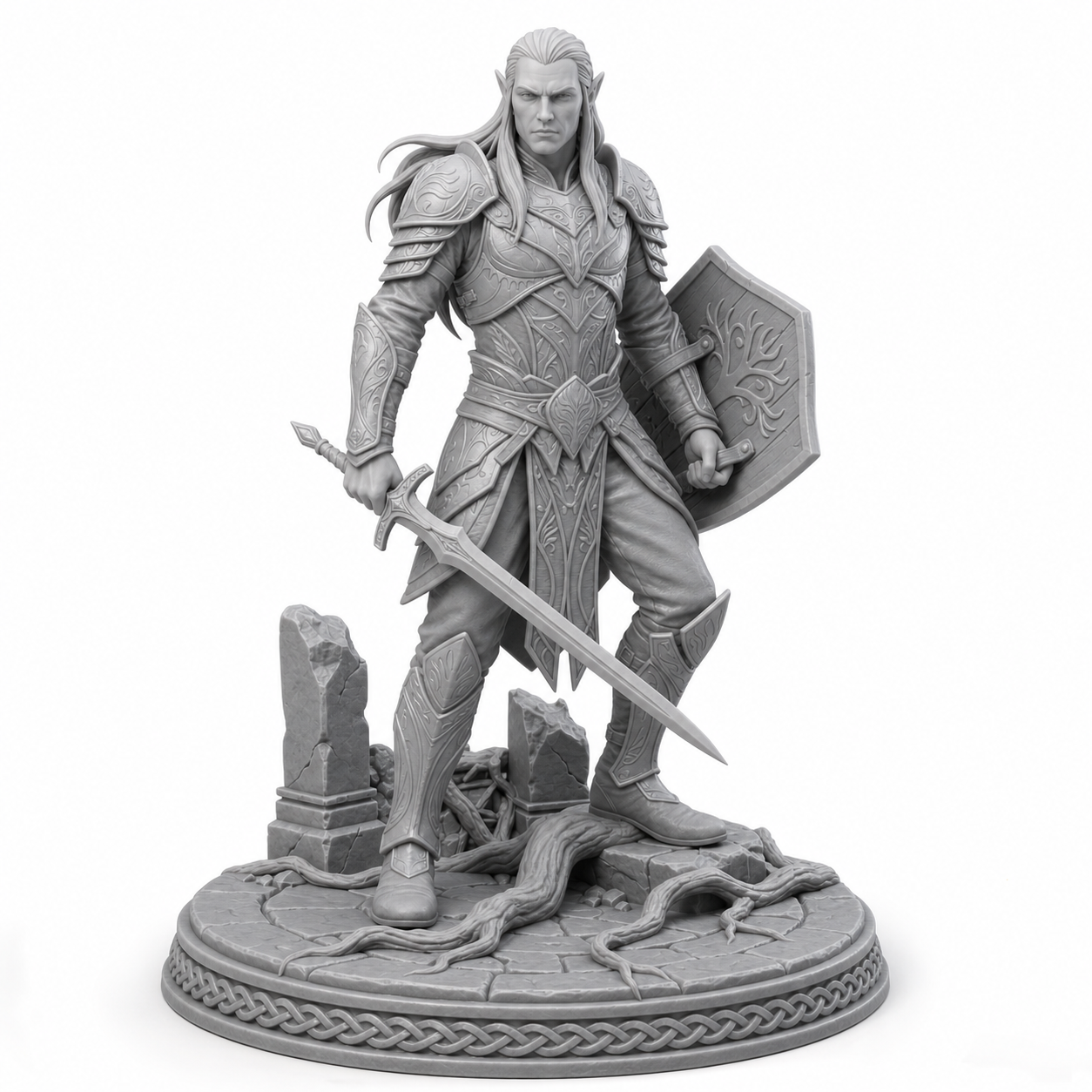 Sylvani Skuda Guardian unpainted grey resin miniature, front view