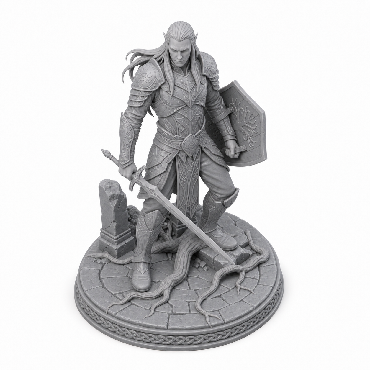 Sylvani Skuda Guardian unpainted grey resin miniature, elevated view