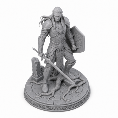 Sylvani Skuda Guardian unpainted grey resin miniature, elevated view