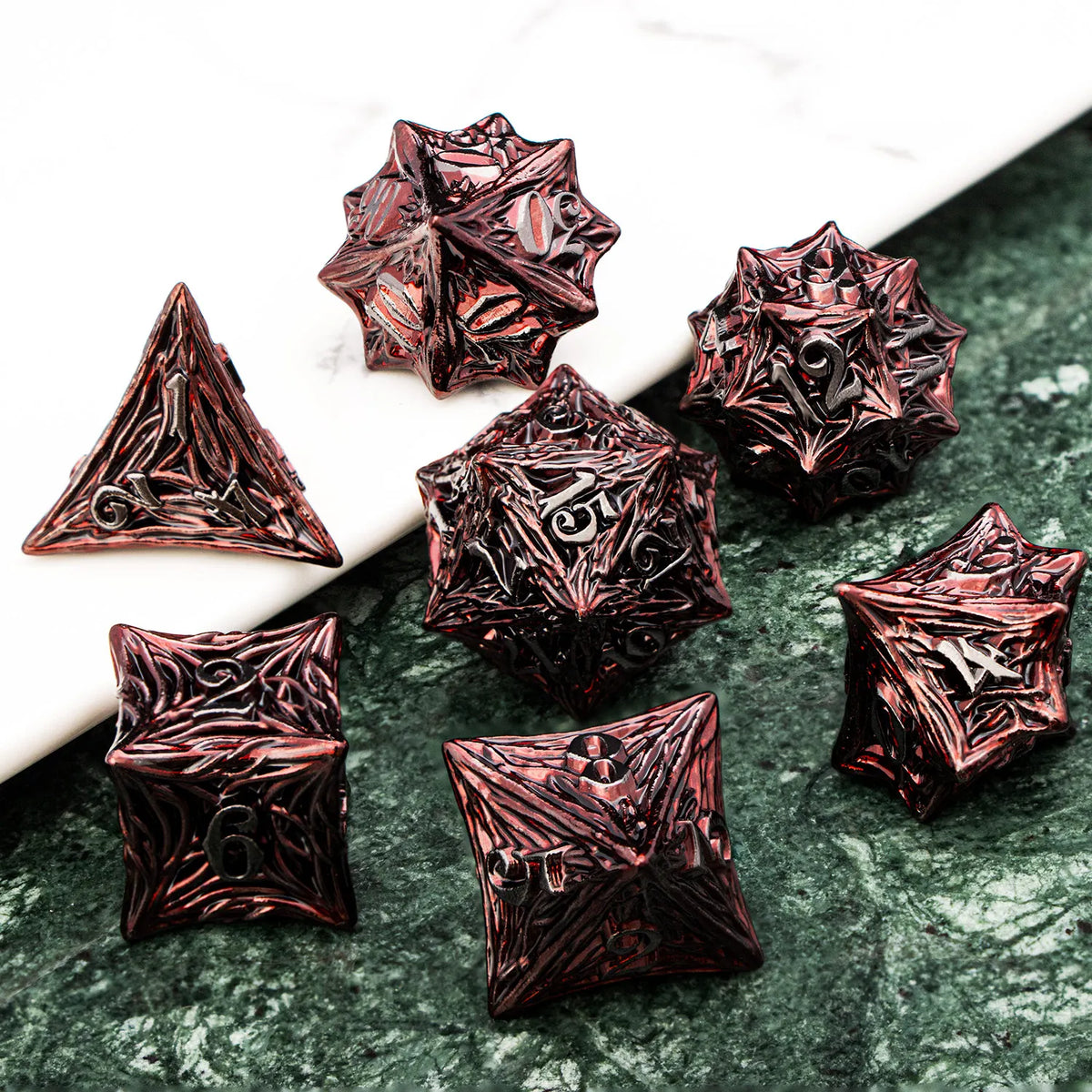 Elderwood Metal Dice — Sculpted Root RPG Sets
