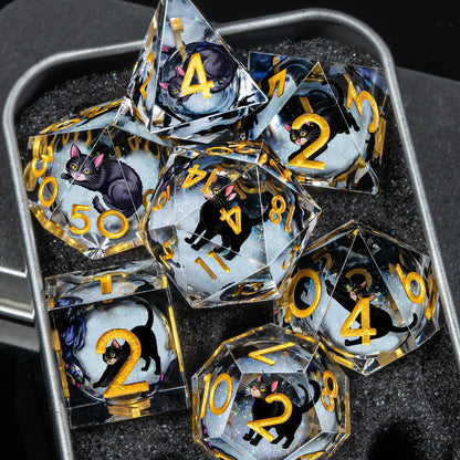 Cat Familiar Resin Dice — 7-Piece RPG Set
