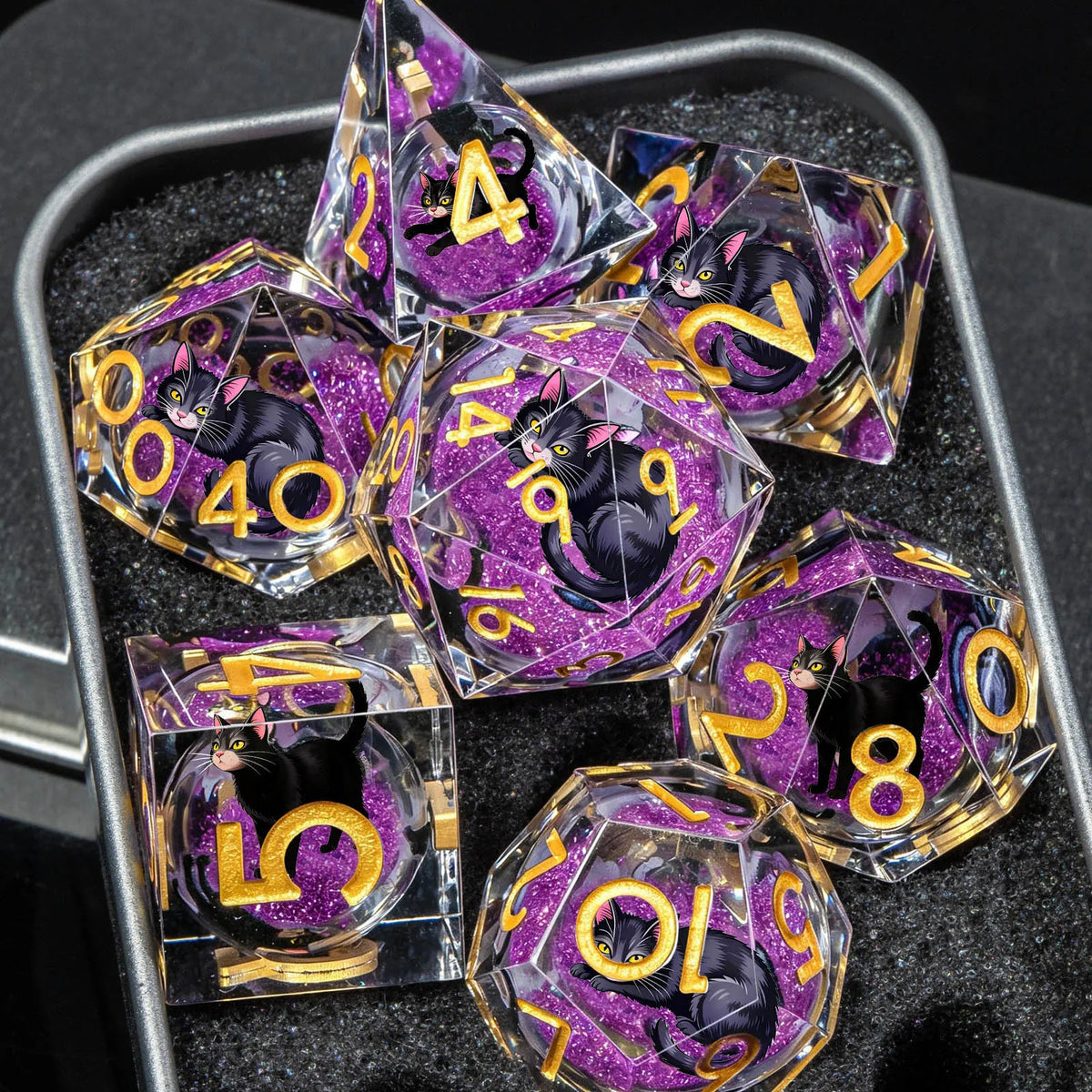Cat Familiar Resin Dice — 7-Piece RPG Set