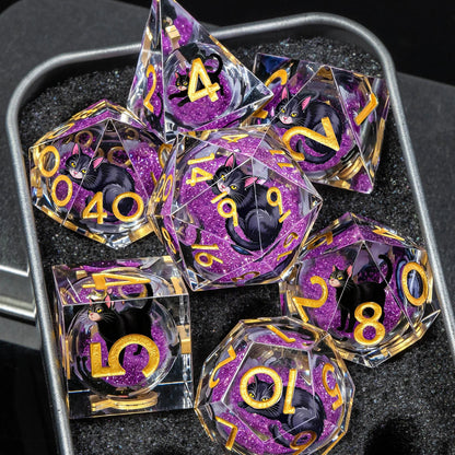 Cat Familiar Resin Dice — 7-Piece RPG Set