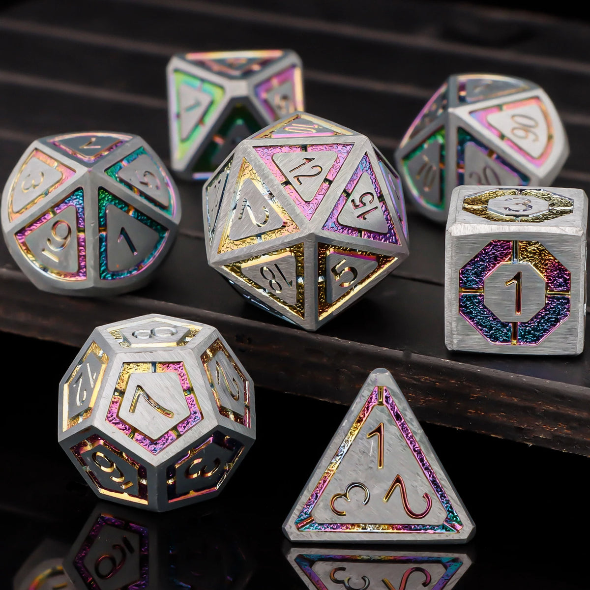 Arcane Knot & Prismatic Metal Dice — 7-Piece RPG Sets