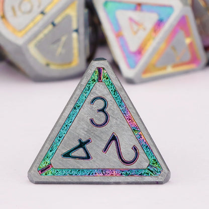 Arcane Knot & Prismatic Metal Dice — 7-Piece RPG Sets