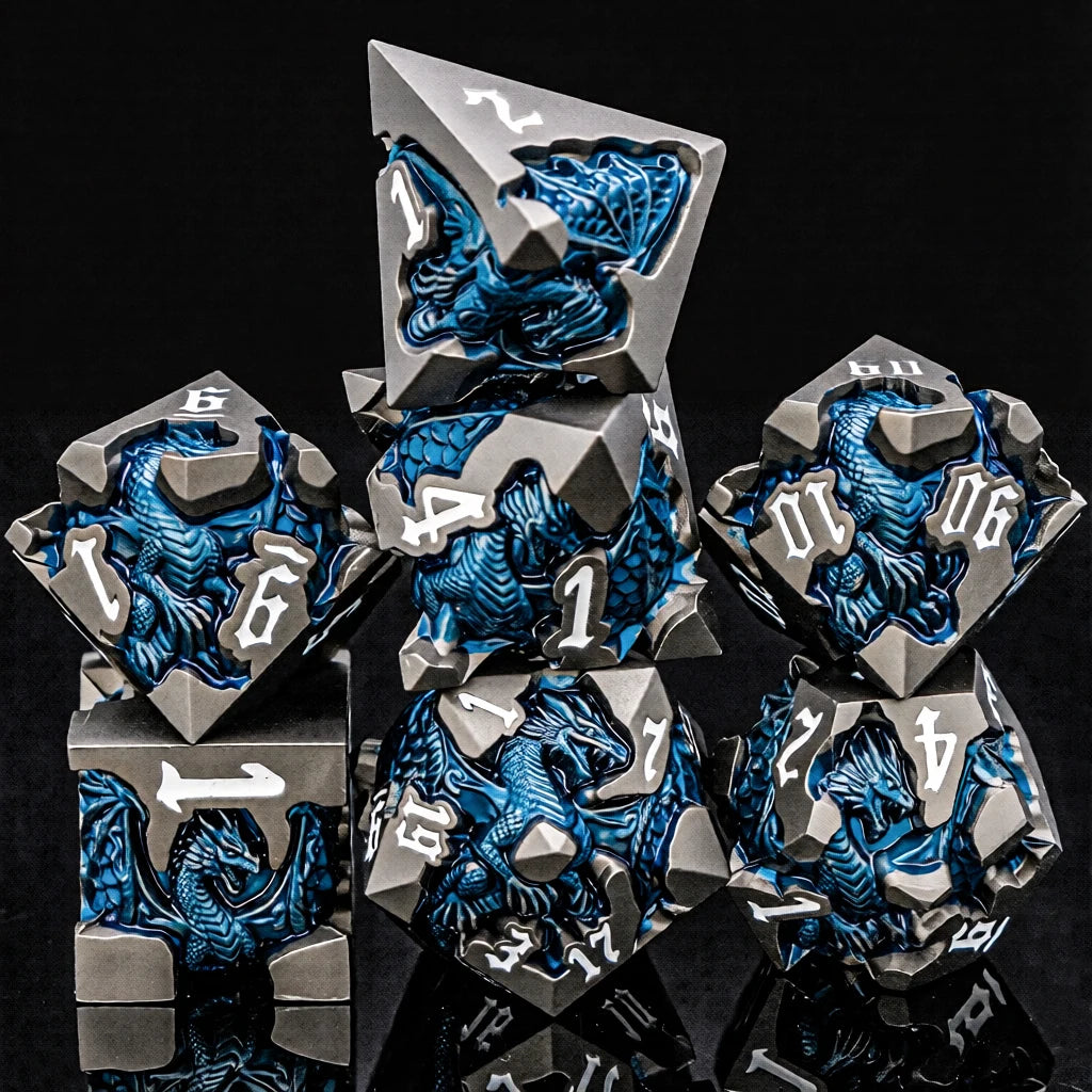 Dragoncrest Metal Dice — 7-Piece Sculpted RPG Set