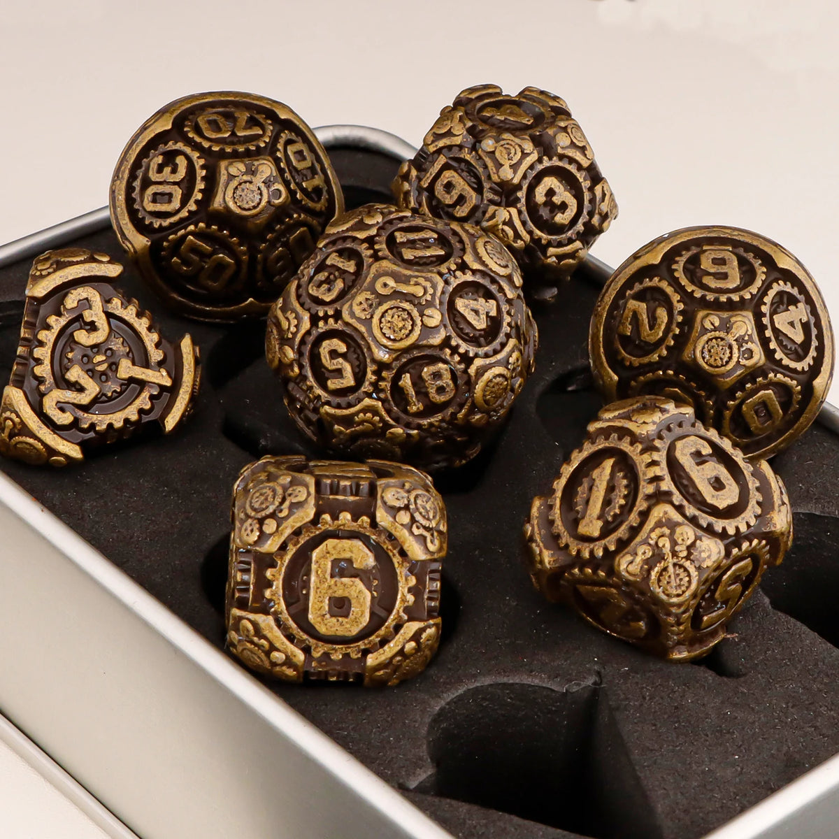 Arcane & Clockwork Metal Dice Sets — 7-Piece D&D RPG Dice
