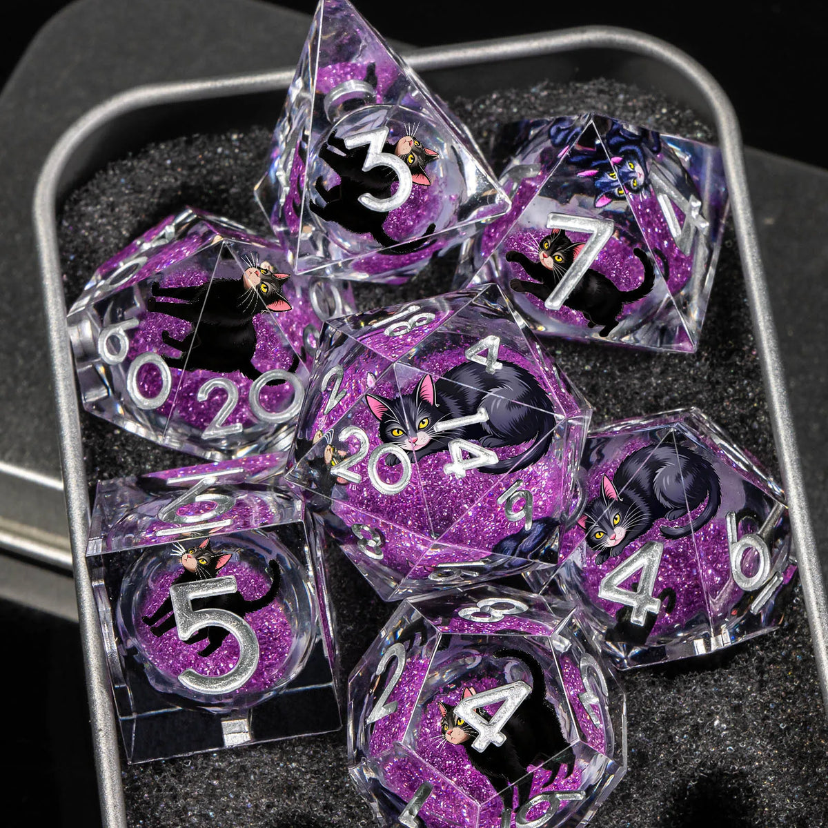 Cat Familiar Resin Dice — 7-Piece RPG Set