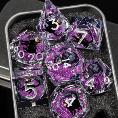 Cat Familiar Resin Dice — 7-Piece RPG Set