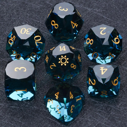 Deepsea Blue Glass RPG Dice — Complete 7-Piece Set