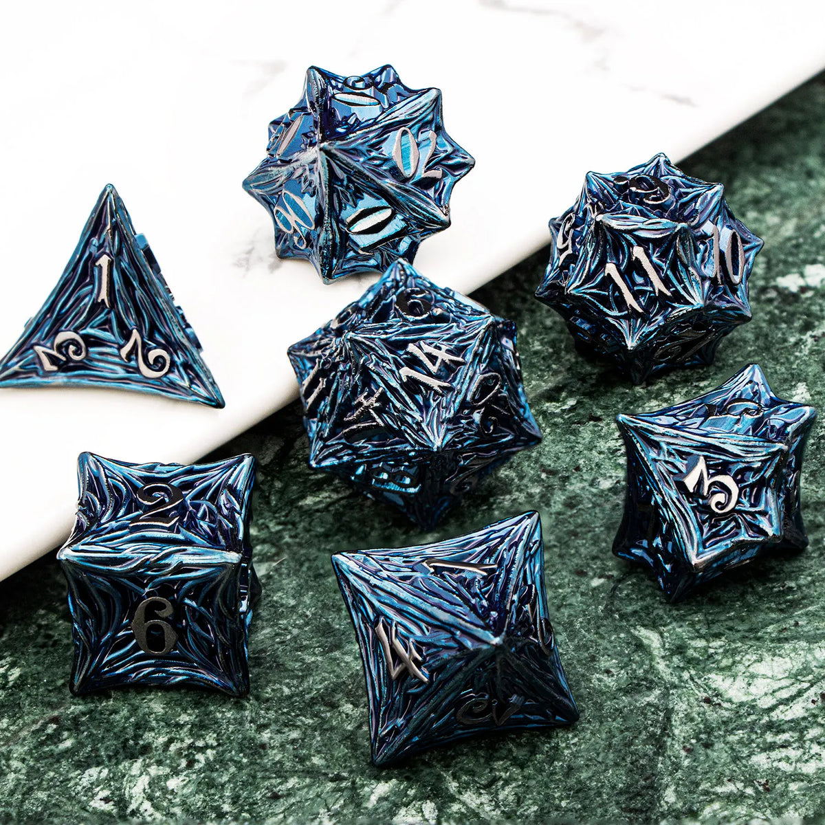 Elderwood Metal Dice — Sculpted Root RPG Sets