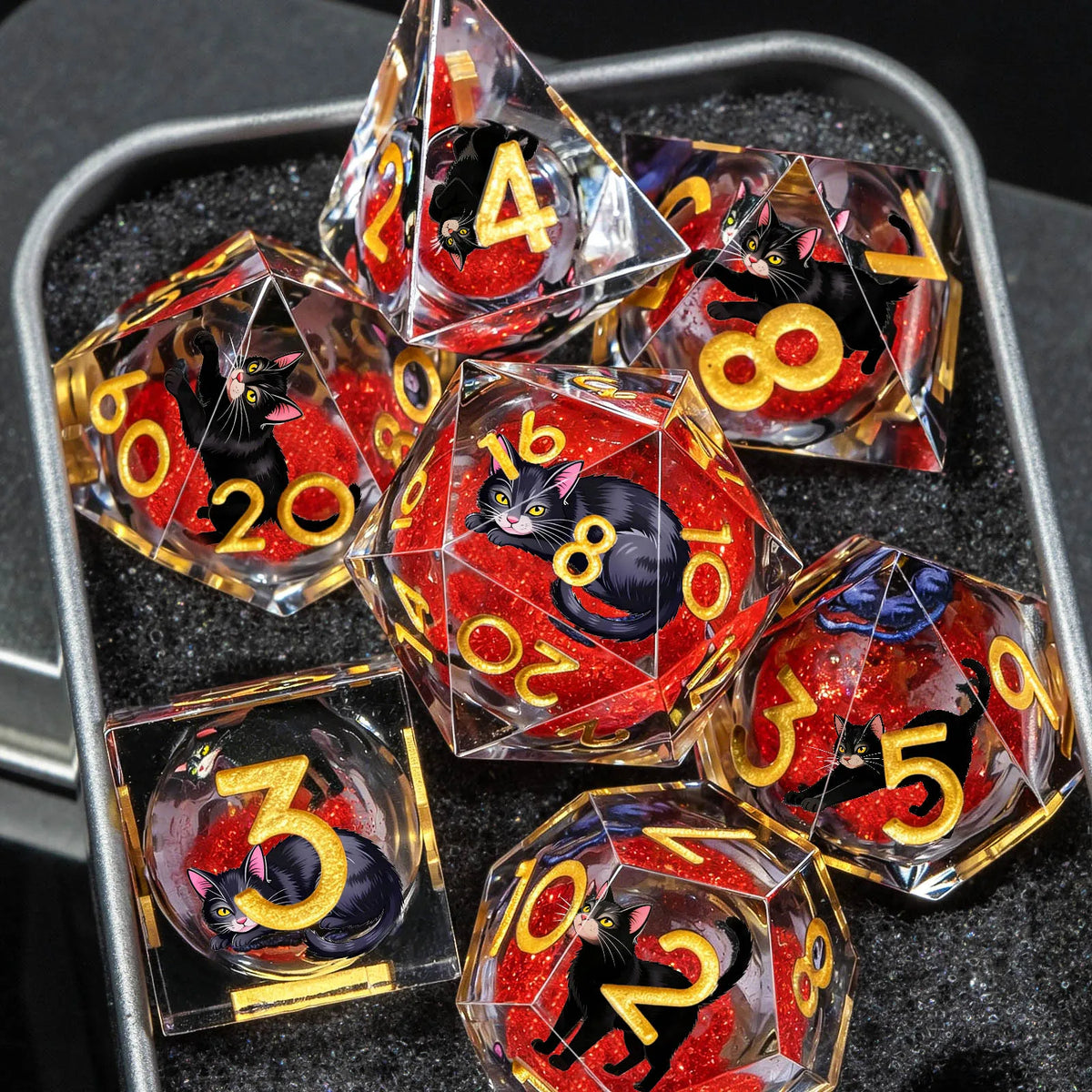 Cat Familiar Resin Dice — 7-Piece RPG Set