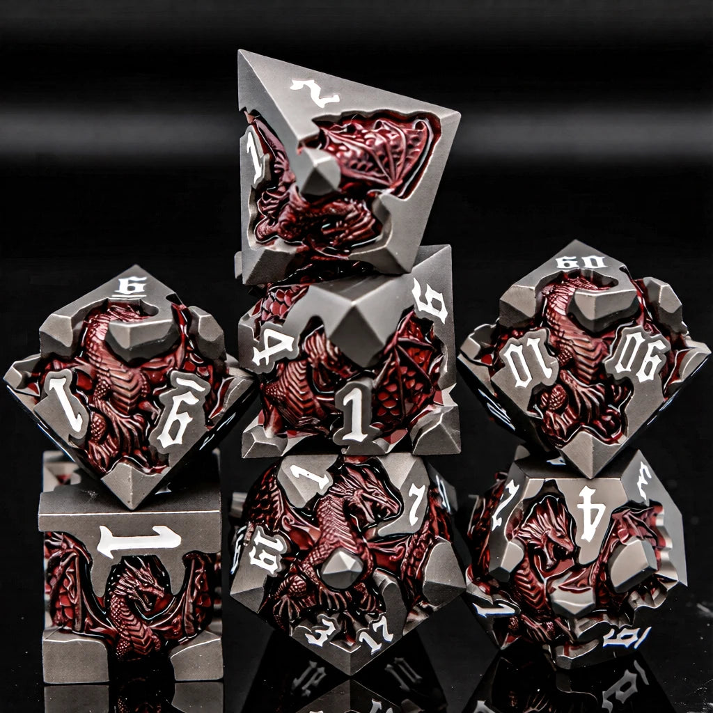 Dragoncrest Metal Dice — 7-Piece Sculpted RPG Set
