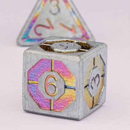 Arcane Knot & Prismatic Metal Dice — 7-Piece RPG Sets