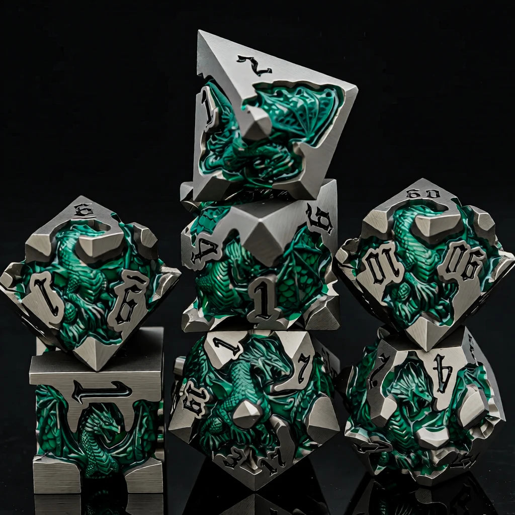 Dragoncrest Metal Dice — 7-Piece Sculpted RPG Set