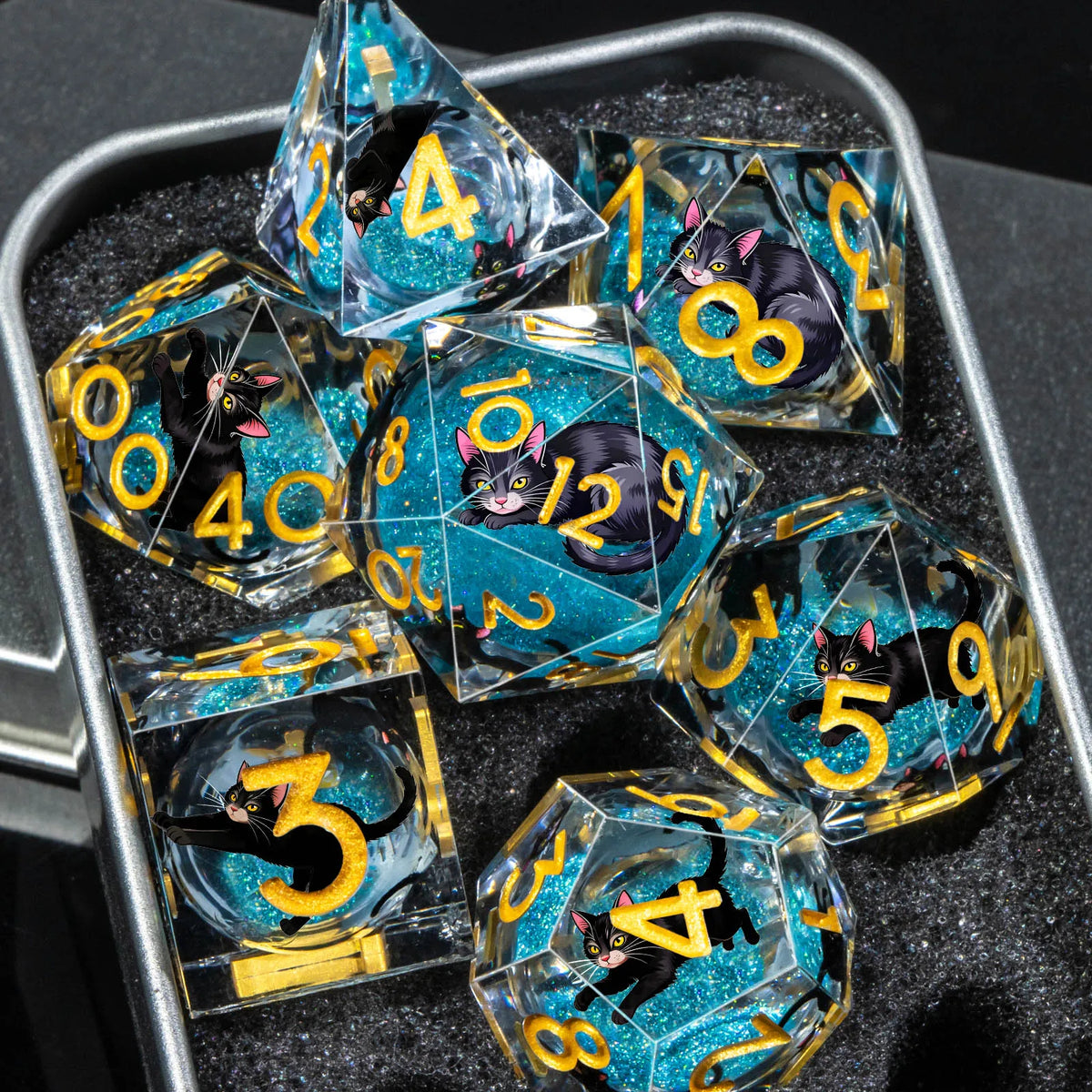 Cat Familiar Resin Dice — 7-Piece RPG Set