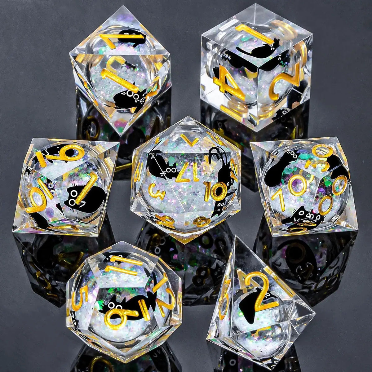Cat Familiar Resin Dice — 7-Piece RPG Set