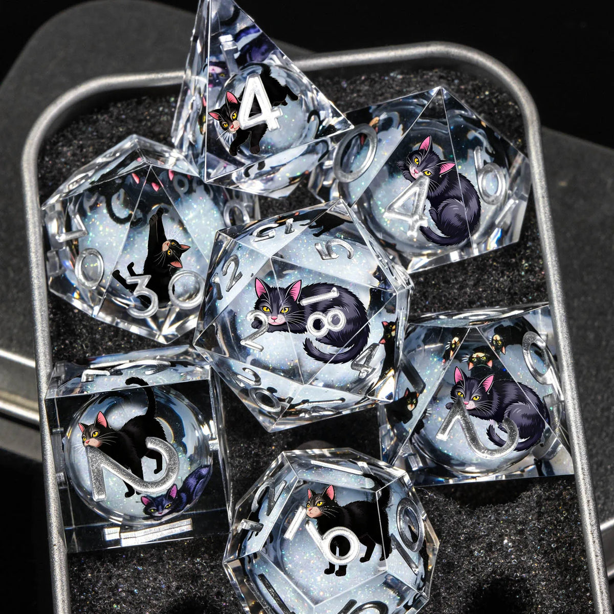 Cat Familiar Resin Dice — 7-Piece RPG Set