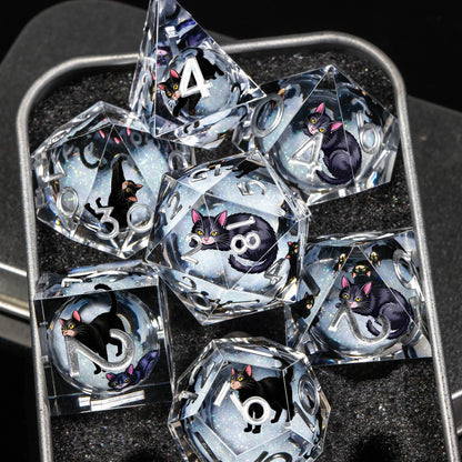 Cat Familiar Resin Dice — 7-Piece RPG Set
