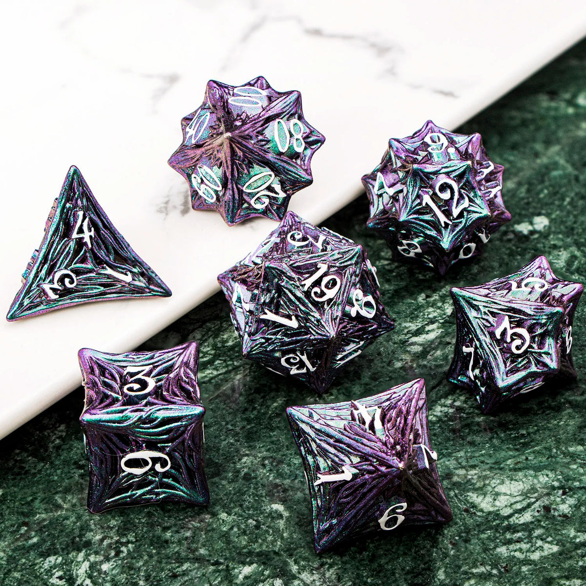 Elderwood Metal Dice — Sculpted Root RPG Sets