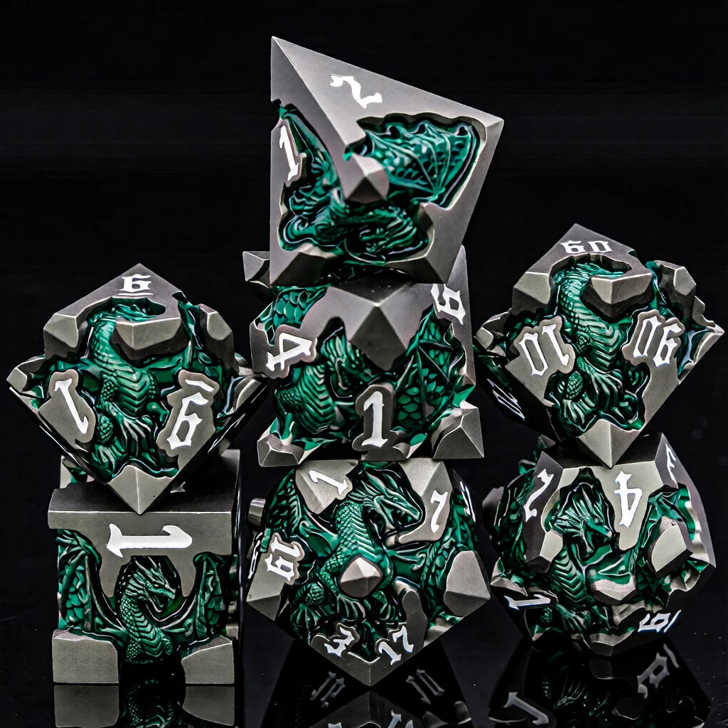 Dragoncrest Metal Dice — 7-Piece Sculpted RPG Set
