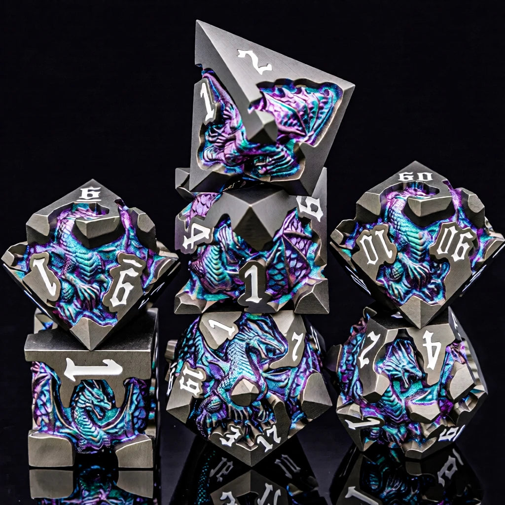 Dragoncrest Metal Dice — 7-Piece Sculpted RPG Set