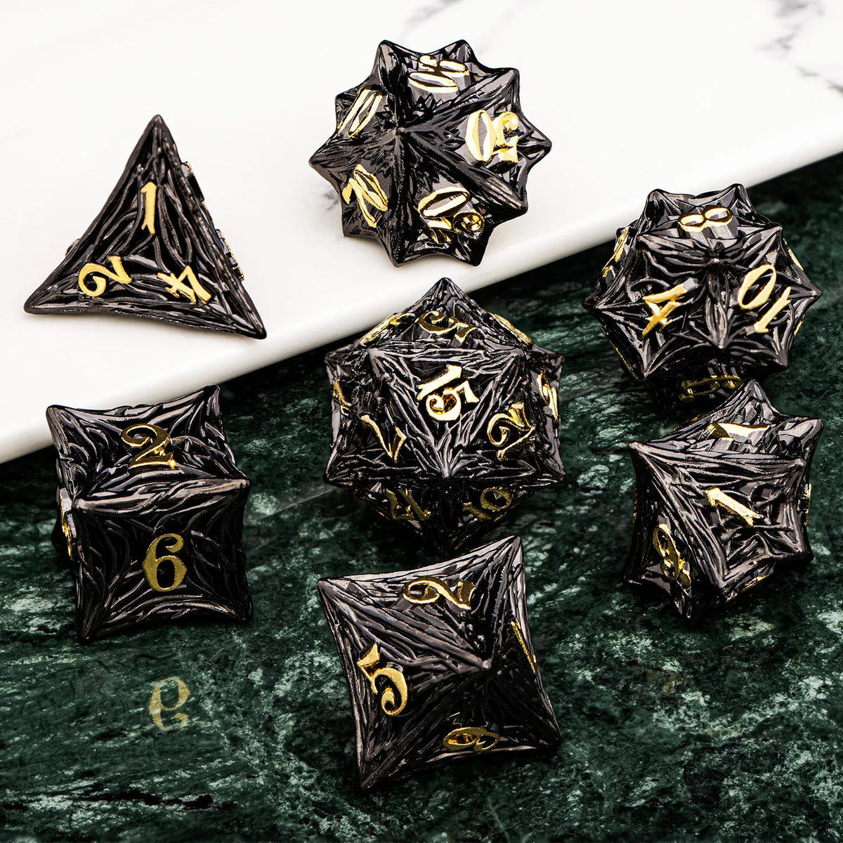 Elderwood Metal Dice — Sculpted Root RPG Sets