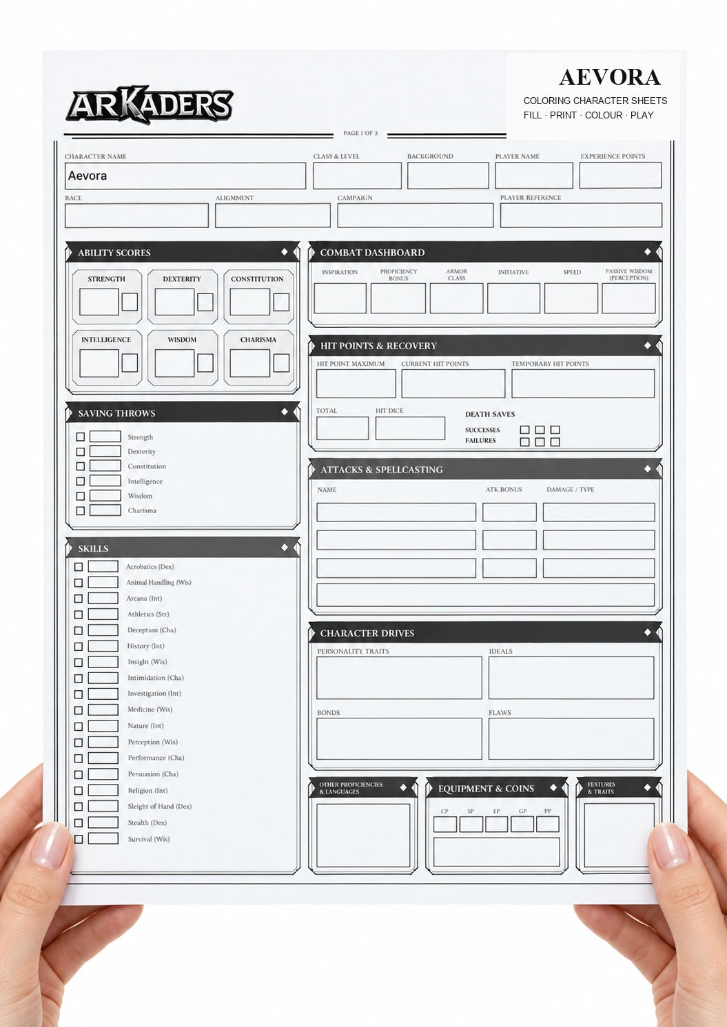 Aevora Coloring Character Sheet 2