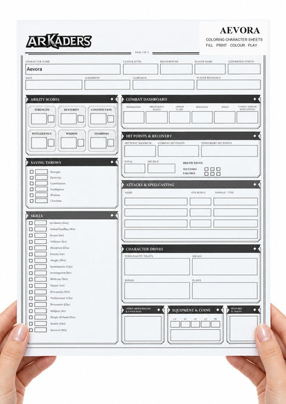 Aevora Coloring Character Sheet 2