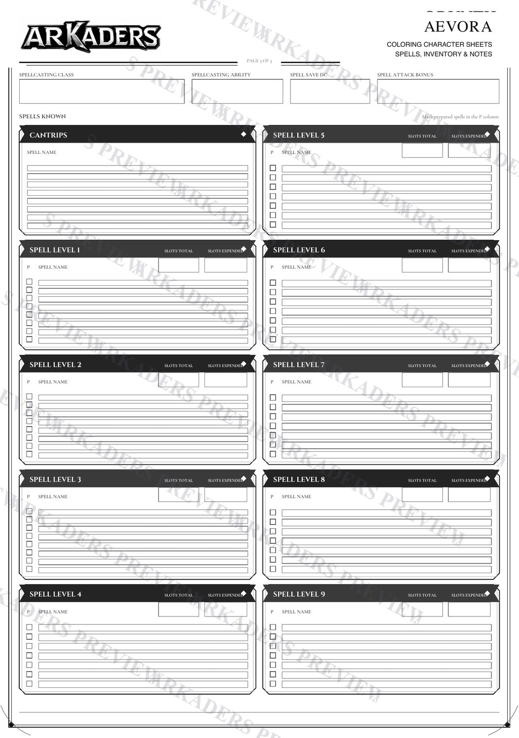 Aevora Coloring Character Sheet 11