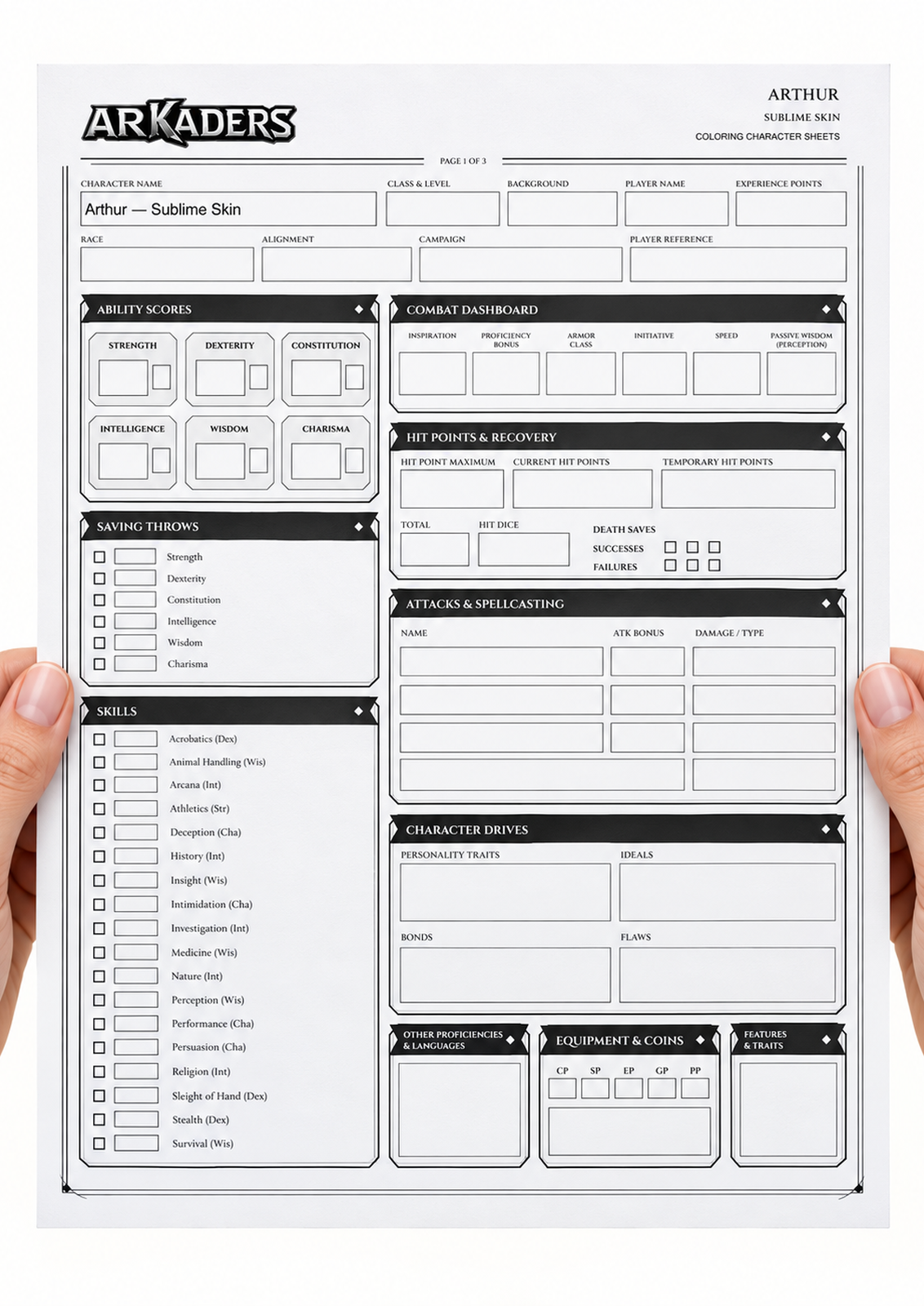 Arthur Sublime Skin fillable sheet shown in hands