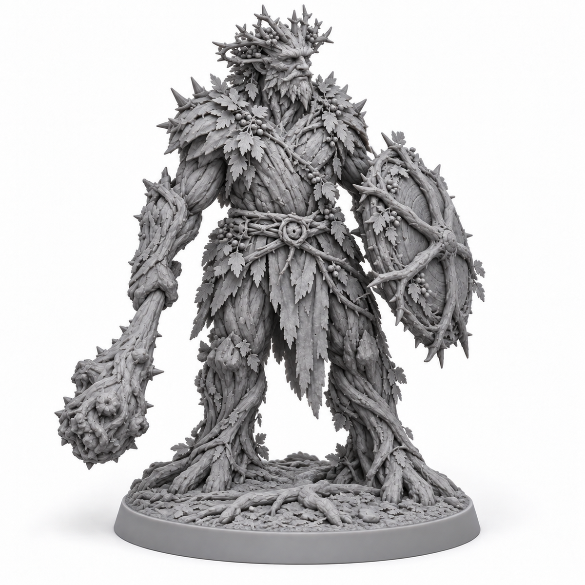 brannoc Treebas druid — unpainted grey-resin concept, three-quarter