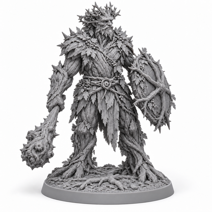 brannoc Treebas druid — unpainted grey-resin concept, three-quarter