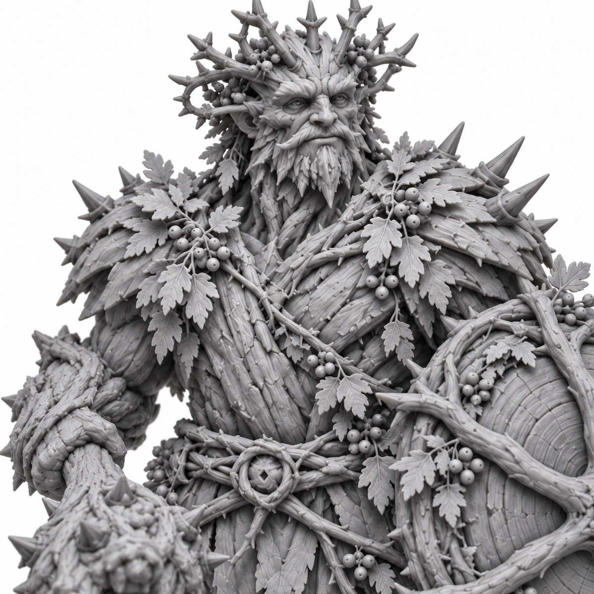 brannoc Treebas druid — unpainted grey-resin concept, detail