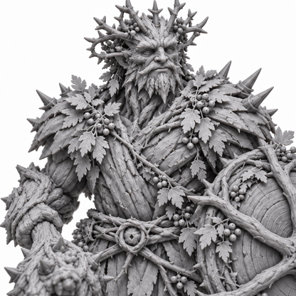 brannoc Treebas druid — unpainted grey-resin concept, detail
