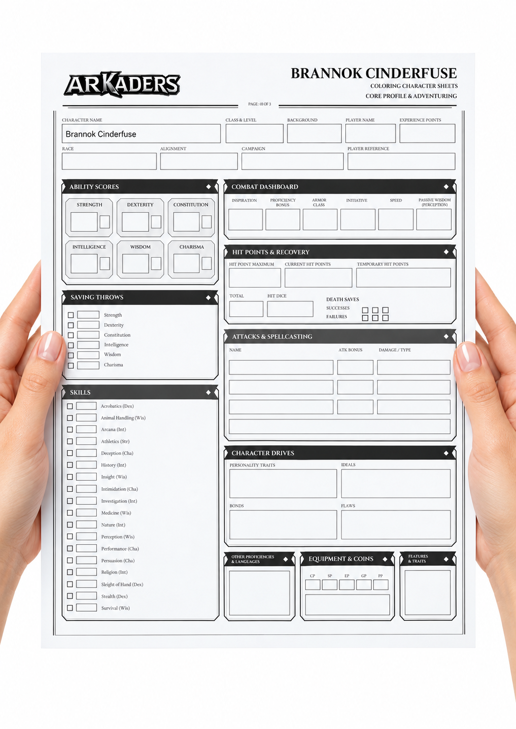 Brannok Cinderfuse Coloring Character Sheet — fillable sheet held in hands