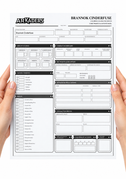 Brannok Cinderfuse Coloring Character Sheet — fillable sheet held in hands
