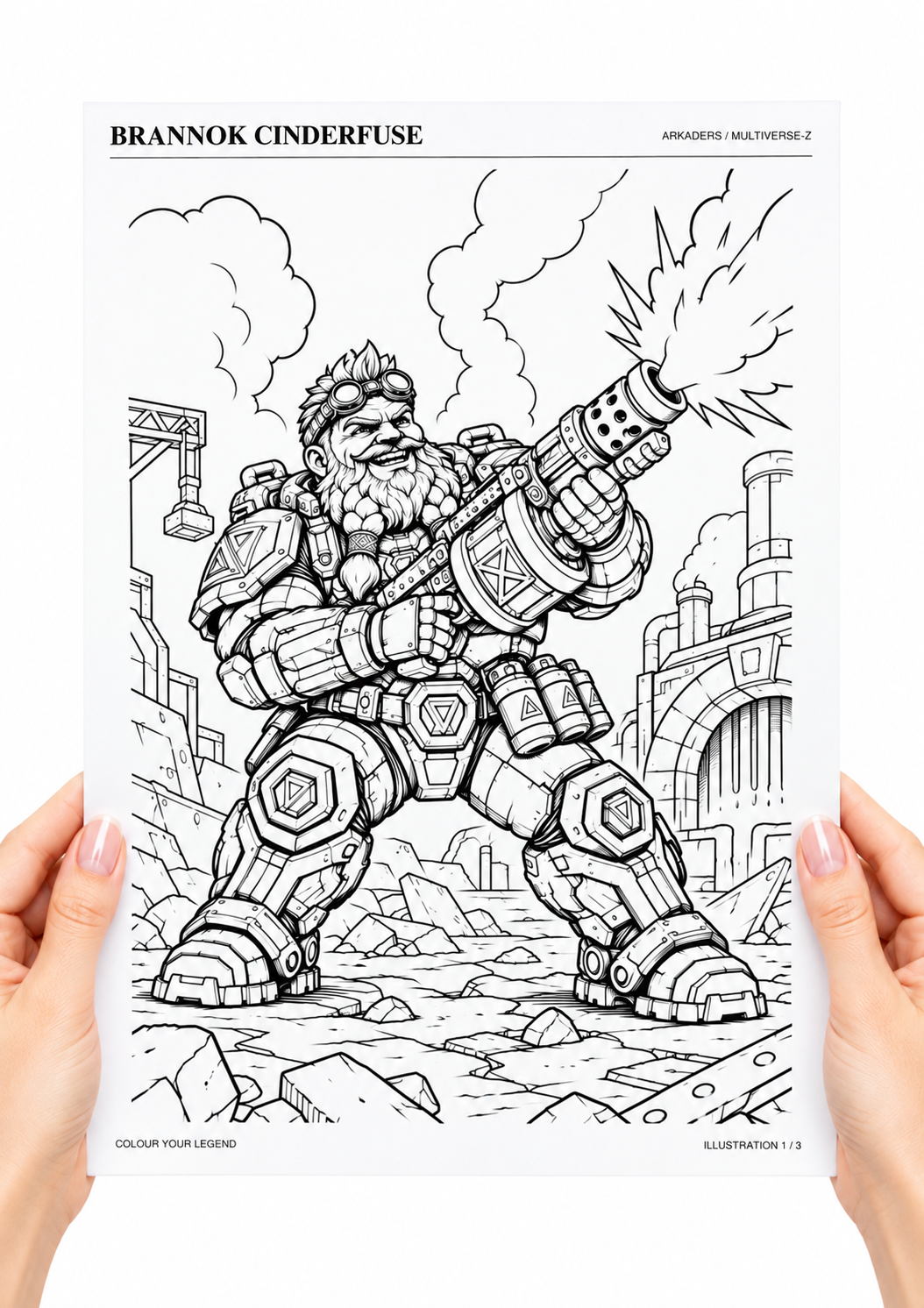 Brannok Cinderfuse Coloring Character Sheet — coloring sheet held in hands