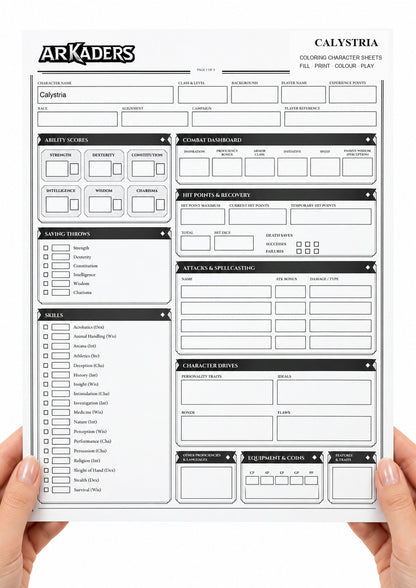 Calystria Coloring Character Sheet 2