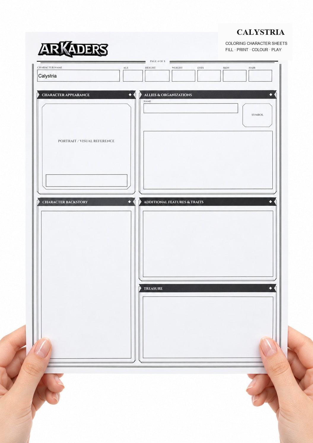 Calystria Coloring Character Sheet 3