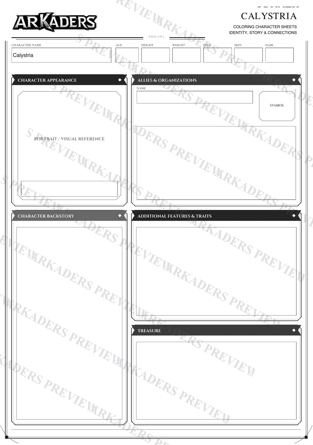 Calystria Coloring Character Sheet 9