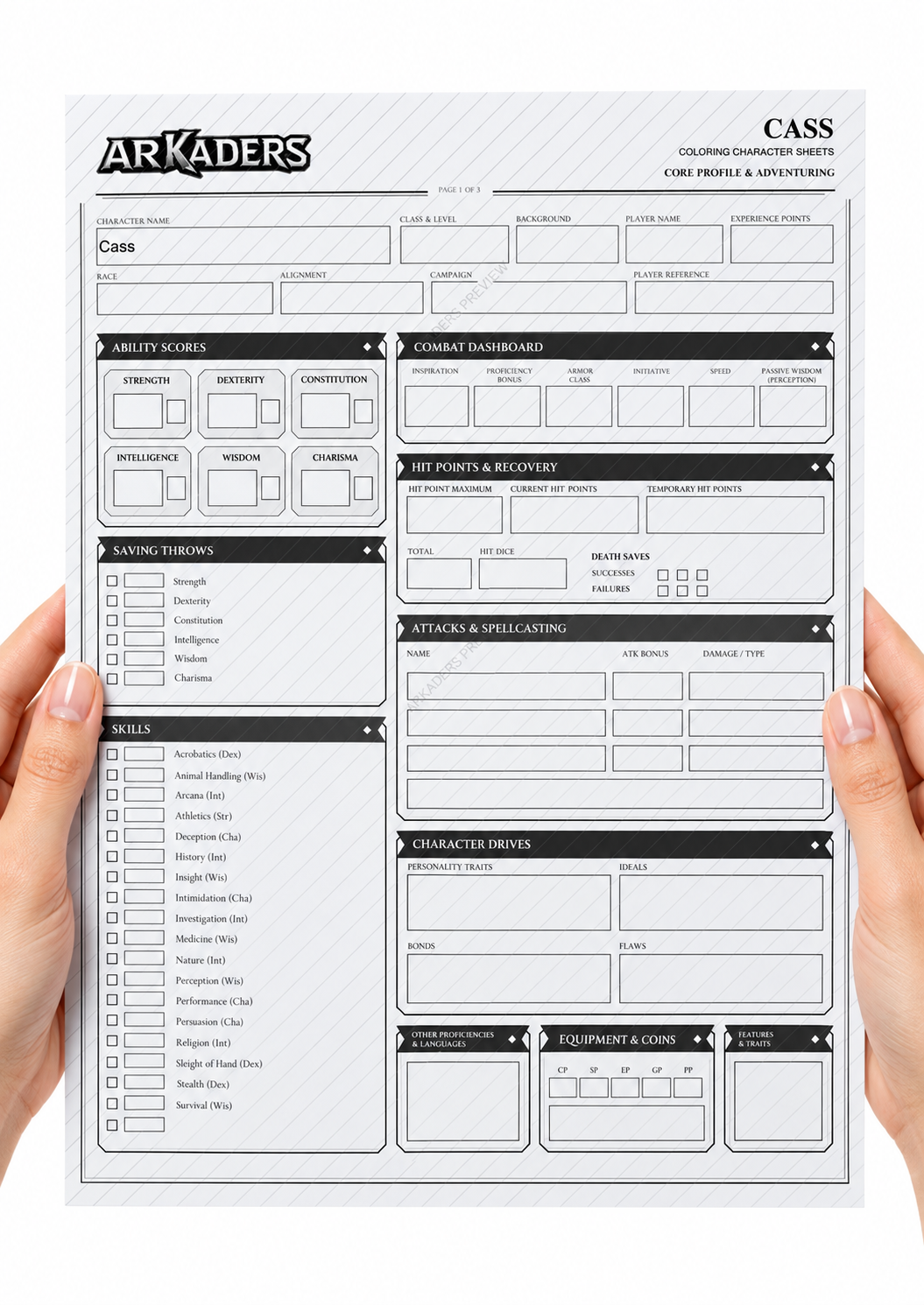 Cass Coloring Character Sheet — 02-hands-front; protected preview