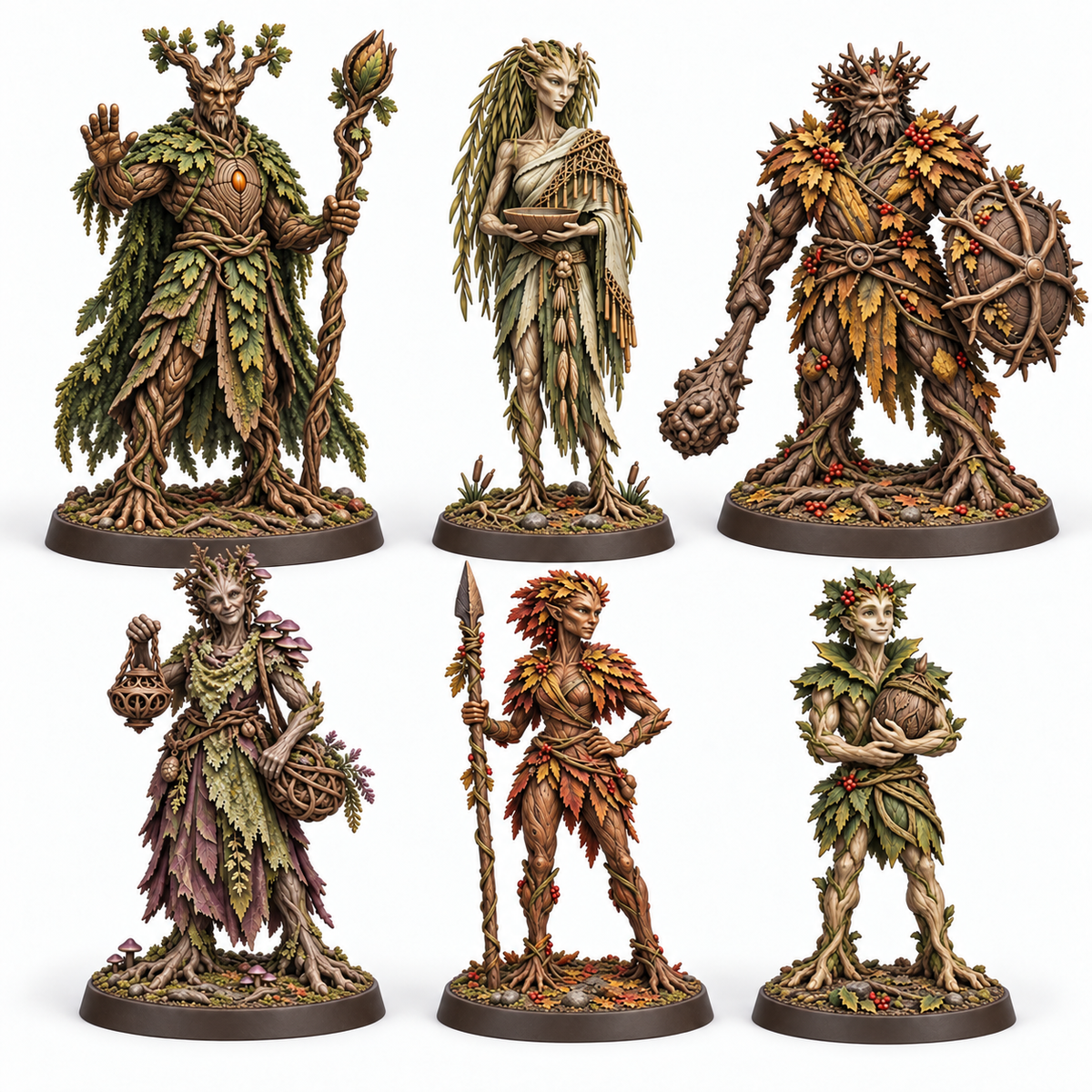 The Circle of the Last Spring — six Treebas druid miniatures, painted colour references