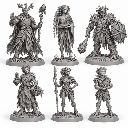 The Circle of the Last Spring — six Treebas grey-resin miniature concepts, including Planticus