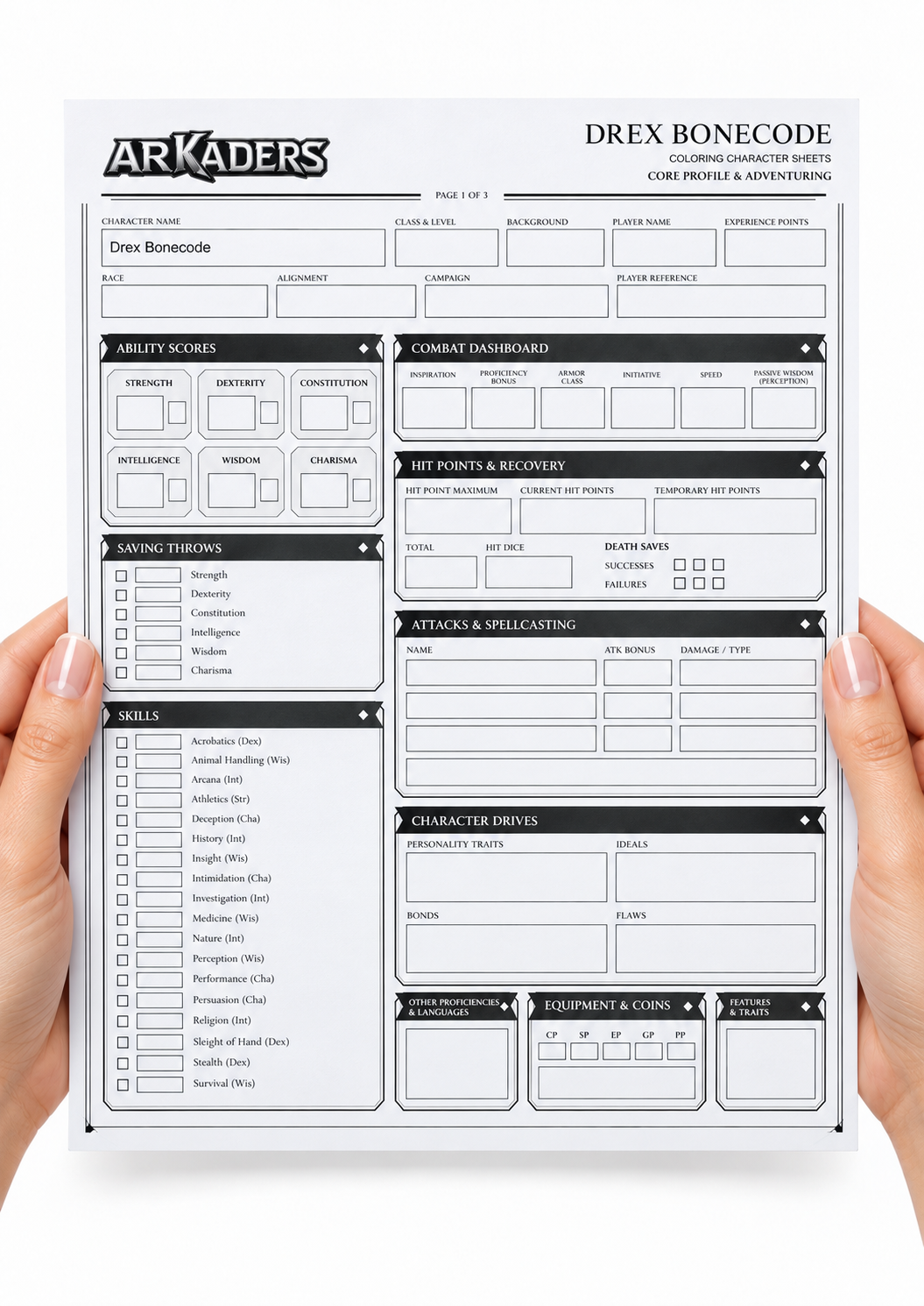 Drex Bonecode Coloring Character Sheet — hands holding front page
